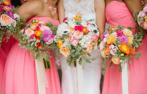 Цветы, платье, невеста, свадебные, букеты, подружки