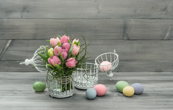 Цветы, яйца, Пасха, тюльпаны, пасхальные яйца