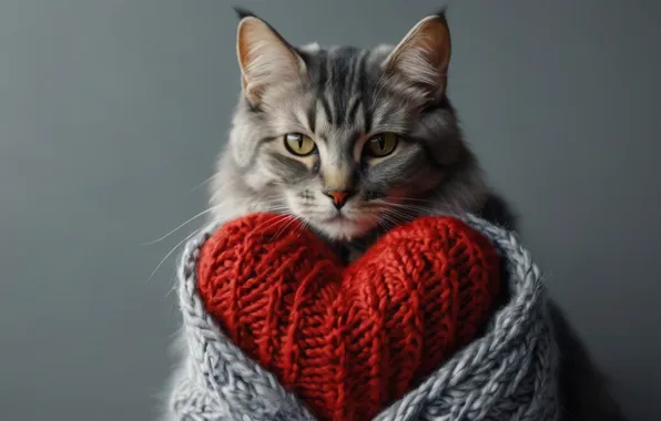 Кошка, кот, взгляд, любовь, поза, серый, сердце, портрет