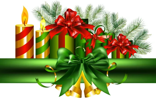 Украшения, свечи, Новый Год, подарки, бант, колокольчики, New Year, Happy