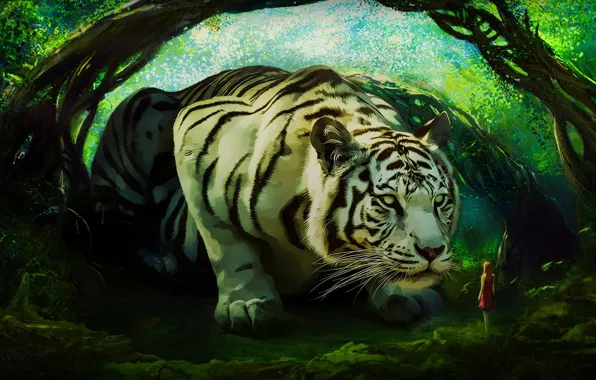 Картинка девушка, тигр, белый тигр