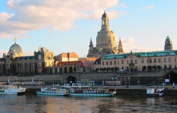 Картинка небо, облака, река, корабль, дома, Германия, Дрезден, купол