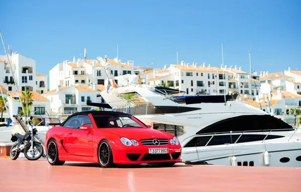Картинка красный, яхты, причал, mercedes, кабриолет, испания, мерседес, Mercedes-Benz CLK DTM AMG Cabriolet