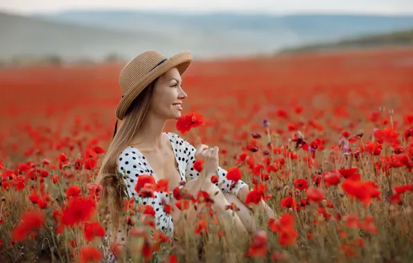 Поле, цветок, лето, девушка, цветы, улыбка, холмы, маки