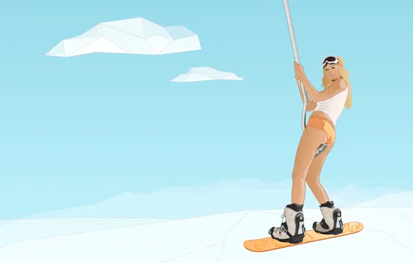 Небо, девушка, снег, сноубординг