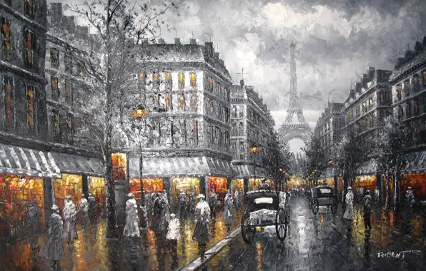 Небо, город, улица, Париж, башня, картина, вечер