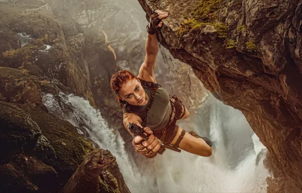 Картинка взгляд, вода, горы, оружие, фигура, арт, Tomb Raider, сериал