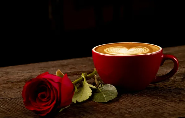 Картинка сердце, кофе, розы, бутон, чашка, red, love, rose