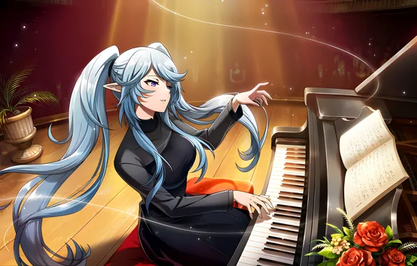 Картинка long hair, anime, flowers, piano, sitting, musical instrument, blue hair, crowds