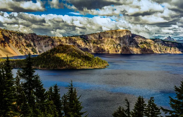 Облака, деревья, озеро, скалы, США, кратер, Oregon, Crater Lake National Park