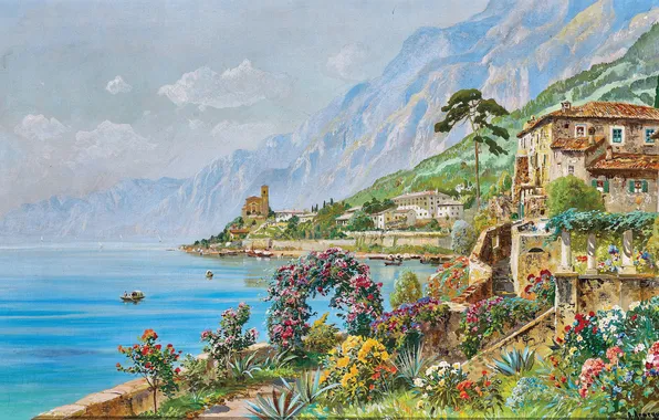 Цветы, Дома, Деревья, Картина, Побережье, Alois Arnegger, Алоис Арнеггер, Австрийский живописец