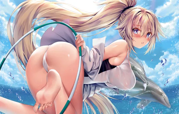 Girl, sexy, ass, wet, long hair, sea, boobs, anime