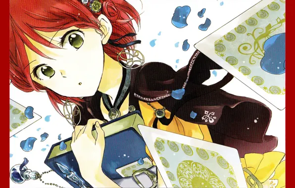 Лицо, серьги, лепестки, книга, флакон, art, Akagami no Shirayuki-hime, Shirayuki