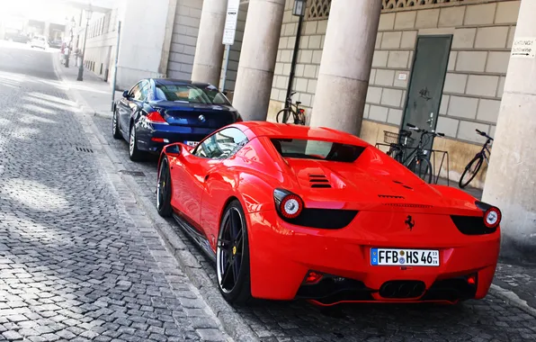 Картинка город, улица, bmw, бмв, Ferrari, red, феррари, 458