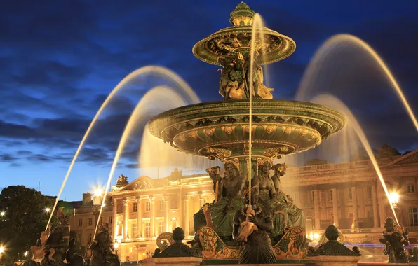 Ночь, огни, Франция, Париж, фонари, фонтан, архитектура, Place de la Concorde