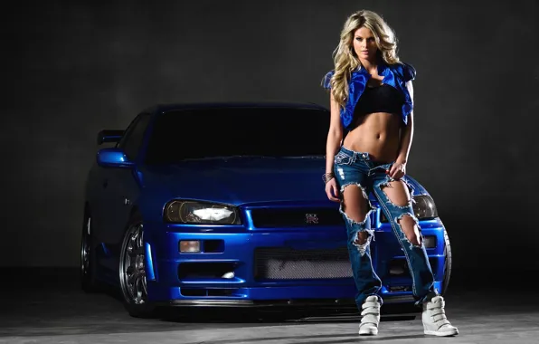 Картинка авто, взгляд, девушка, Nissan, красива блондинка, Nissan Skyline R34, Heidi Fahrenbach