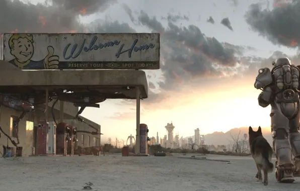 Собака, станция, бег, экипировка, Fallout 4, The Wanderer Trailer