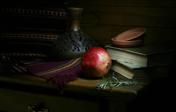 Темный фон, книги, ткань, кувшин, натюрморт, предметы, комод, гранат