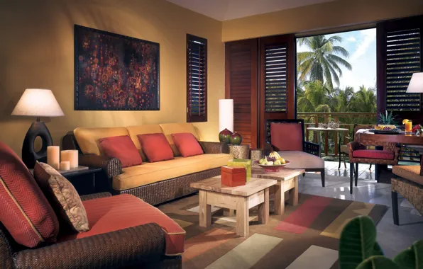 Картинка пальмы, комната, диван, интерьер, балкон
