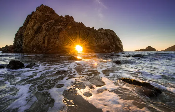 Закат, скала, океан, Калифорния