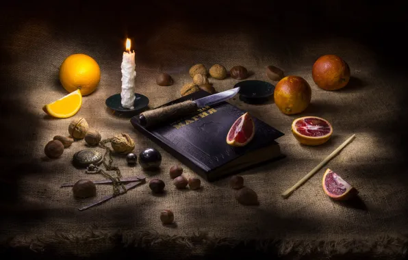 Магия, нож, книга, орехи, натюрморт, грейпфруты