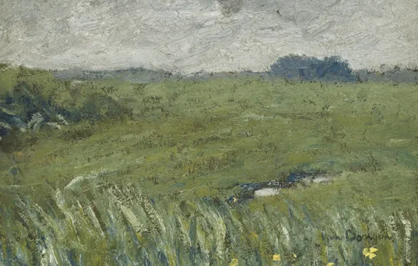 Картинка поле, бумага, масло, Пейзаж, жёлтые цветы, пасмурное небо, Кес ван Донген