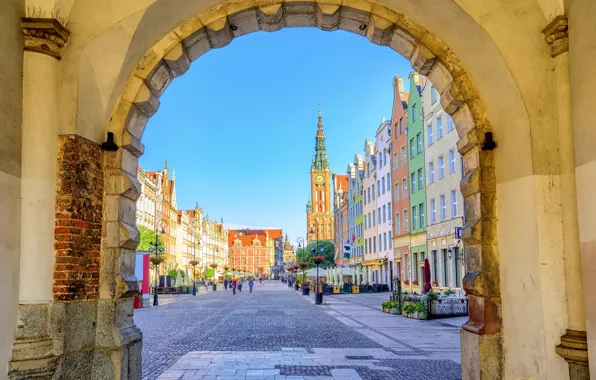 Дома, площадь, Польша, арка, Poland, Гданьск