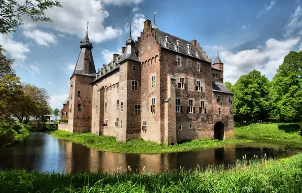 Облака, деревья, пруд, замок, Нидерланды, Gelderland, Castle Doorwerth