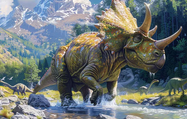 Вода, Горы, Деревья, Камни, Динозавр, Рога, Речка, Triceratops
