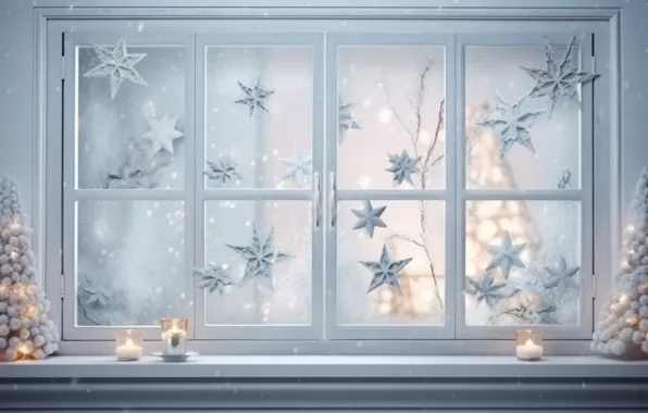 Зима, снег, украшения, шары, елка, Новый Год, окно, Рождество