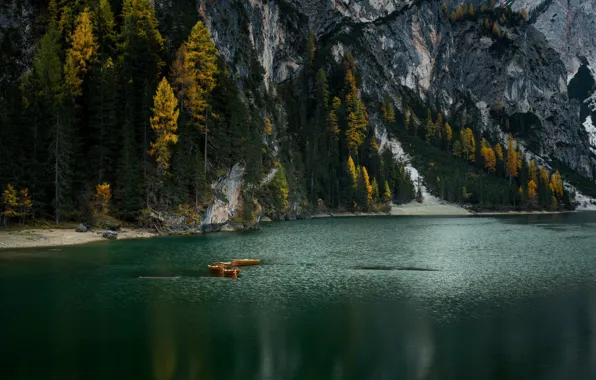 Осень, лес, деревья, горы, озеро, река, скалы, берег