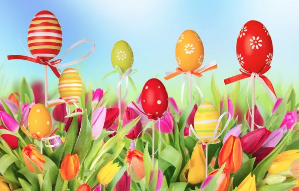 Картинка цветы, яйца, Пасха, тюльпаны, пасхальные яйца