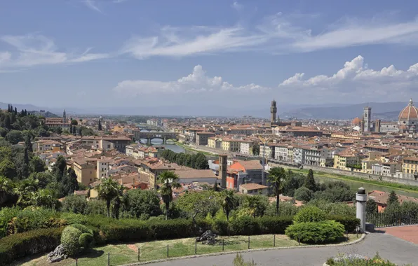 Картинка небо, река, дома, Италия, панорама, Флоренция, Арно