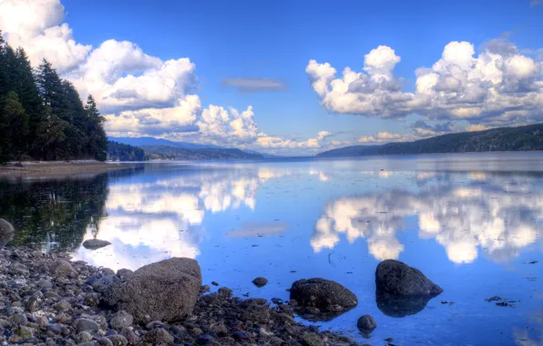 Картинка небо, облака, горы, озеро, отражение, камни