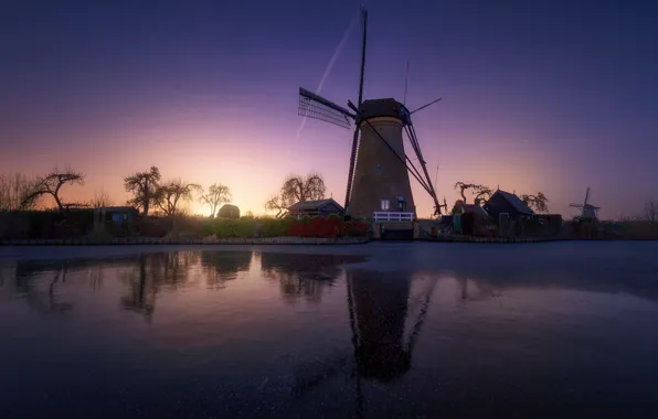 Картинка зима, небо, звезды, река, вечер, канал, Нидерланды, ветрянные мельницы