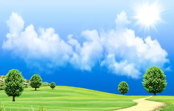 Картинка дорога, поле, небо, трава, солнце, облака, деревья