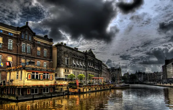 Картинка небо, облака, дома, обработка, hdr, Амстердам, Нидерланды, водоканал