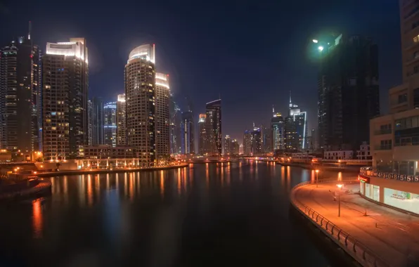 Картинка ночь, город, побережье, дома, небоскребы, Dubai, Arab Emirates