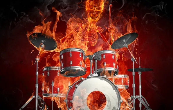 Картинка огонь, скелет, барабаны, Flames