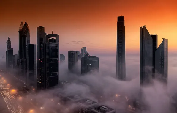 Небо, город, туман, дома, Дубай, Dubai, ОАЭ