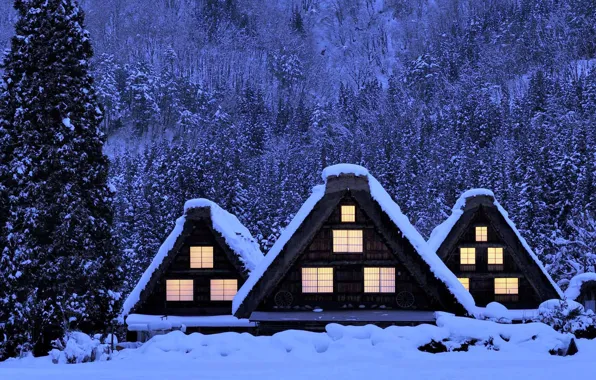 Картинка зима, снег, дом, Япония, Ширакава-го