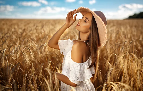 Картинка поле, лето, девушка, природа, модель, шляпа