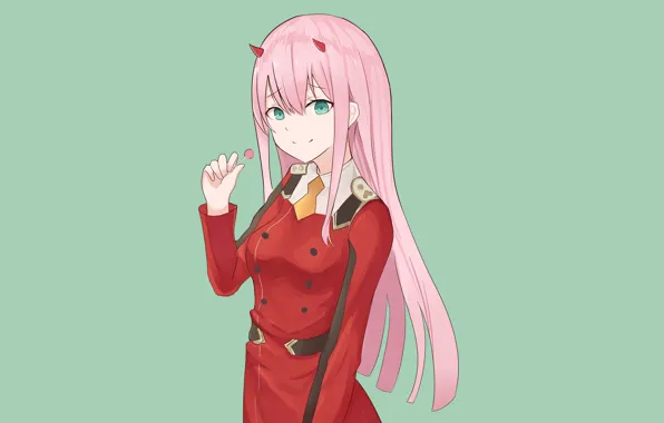 Девушка, арт, зелёный фон, 002, Darling In The Frankxx, Милый во Франксе, Zero Two