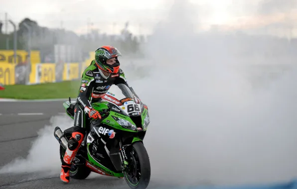 Картинка Дым, Kawasaki, пробуксовка, Moto, WSBK, Tom Sykes