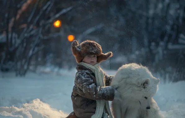 Картинка зима, снег, шапка, собака, мальчик, шарф, друзья, самоед
