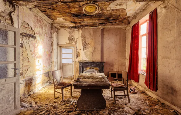 Window, room, sunlight, fireplace, abandoned, curtains, decay