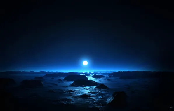 Картинка море, ночь, луна, Синяя ночь