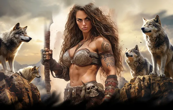 Картинка girl, wolves, warrior, AI art