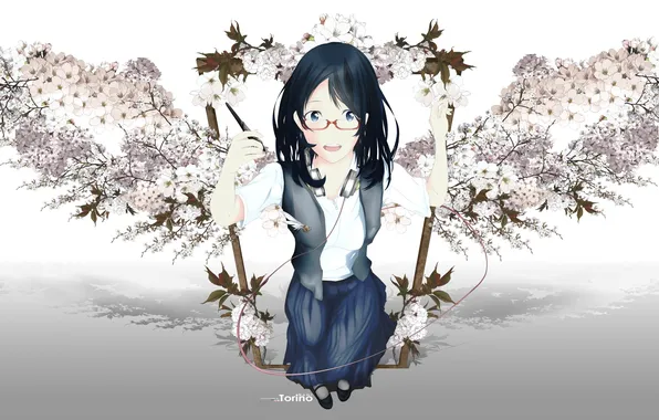 Картинка девушка, цветы, крылья, аниме, наушники, сакура, арт, очки