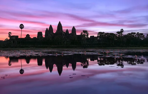 Картинка небо, вода, отражения, утро, Камбоджа, храмовый комплекс, Ангкор-Ват, អង្គរវត្ត